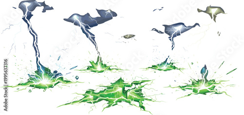 Magical green energy impact effects with lightning strikes and ground cracks for fantasy game visual design elements