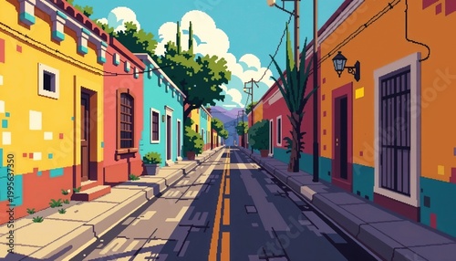 Colorful pixel art street in Mexico showcasing vibrant buildings and clear skies