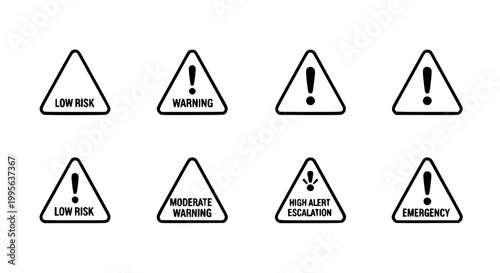 Warning and Alert Level Icon Set with Moderate Warning High Alert Escalation and Caution Triangle in Clean Outline Style