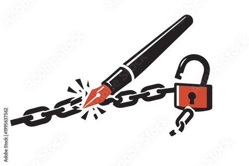 Press Freedom Concept Illustration Pen Breaking Chain and Unlocking Padlock Symbol of Free Speech
