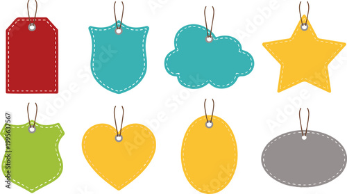 Set of colorful hanging price tags and sale labels with stitched edges in various shapes isolated on white background for retail promotion and shopping design.
