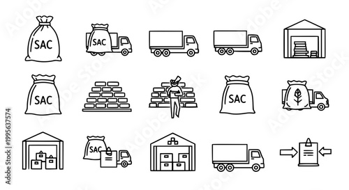 Logistics and Supply Chain Icon Set with Truck Warehouse Worker Cargo Bag and Forklift in Clean Outline Style