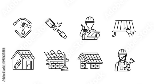 Solar Energy and Construction Icon Set with Satellite Engineer Solar Panel and House in Clean Outline Style for Technology