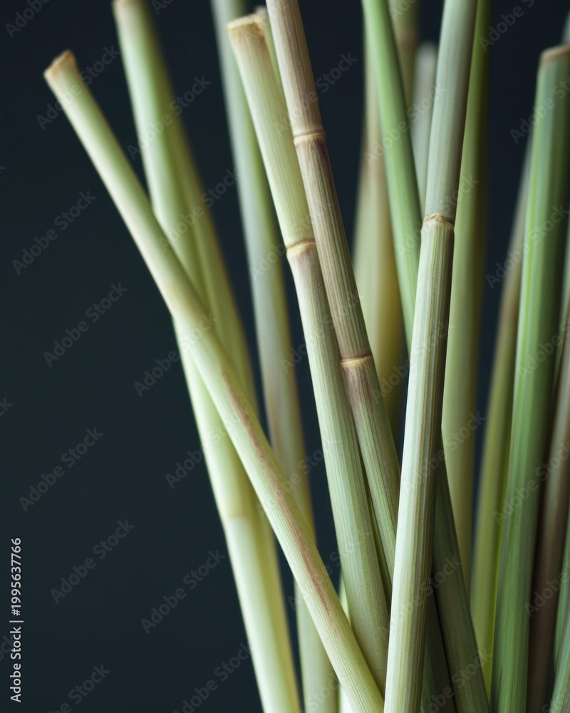 Obraz premium Close-up of fresh lemongrass stalks against a dark background, highlighting their vibrant green color and texture.
