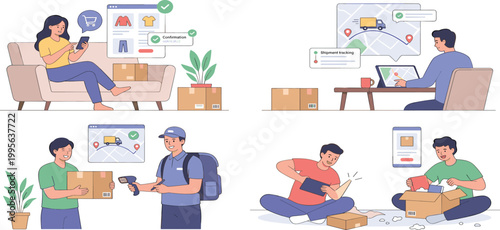 People shopping online, tracking shipments, receiving and unpacking parcels in a series of steps flat vector illustration