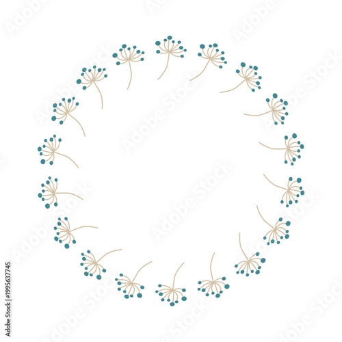 Circular wreath of delicate beige stems with teal dots forming floral seed clusters, arranged symmetrically, elegant botanical frame perfect for invitations, posters, and decorative artwork