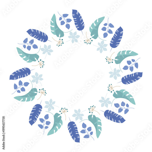 Circular wreath of blue and teal leaves, small berry clusters, and light blue flowers arranged symmetrically, decorative botanical frame perfect for invitations, posters, and seasonal artwork