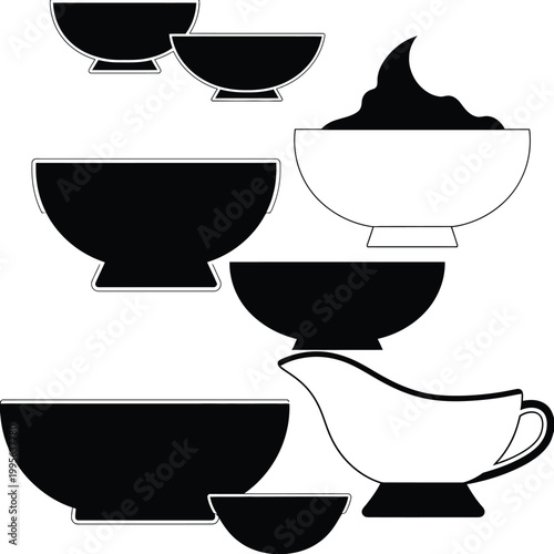 Black and white bowl and gravy boat bowls silhouettes