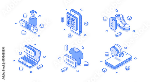 Isometric vector illustration icon collection for online shopping. Features blue line art symbols for e-commerce, mobile payment, customer review, digital marketing, and tech support services