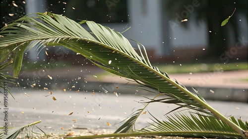Palm trees swaying in hurricane winds concept. A close-up view of a fallen palm leaf on the ground.