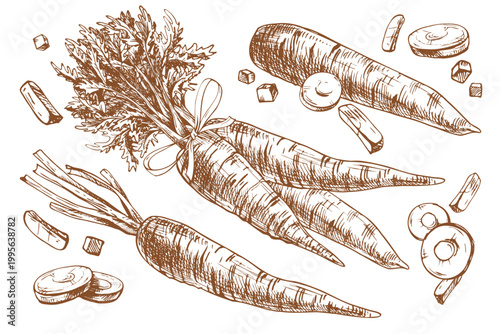 Carrots vegetable drawing with ink pen. Hand drawn monochrome outline illustration of fresh raw crop for kitchen menu, farming package and organic food healthy cooking design element.