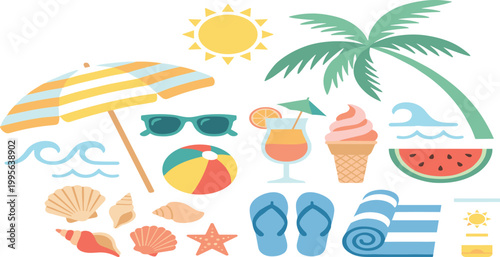 Set of colorful summer beach icons featuring umbrella palm tree sunglasses ice cream waves and vacation elements.