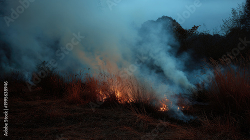 Wildfire raging through dense forest trees concept. A dramatic scene of smoke and fire in a grassland environment.