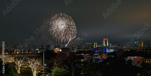Spectacular fireworks in the Tokyo night sky over the Odaiba area