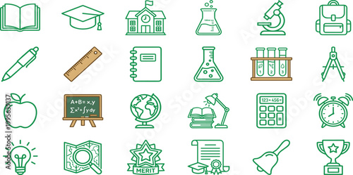 Set of education and school outline icons including books science supplies and study tools for academic graphic design