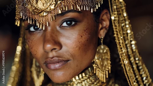Beautiful Egyptian young woman in traditional attire with golden accessories during a cultural gathering in Egypt