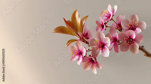 Cherry blossom branch features vibrant pink petals and warm brown leaves extending gracefully across a neutral backdrop to provide a minimalist aesthetic perfect for professional design projects.