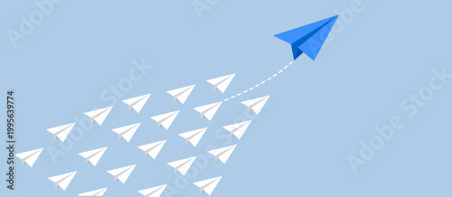 Paper planes flying in upward arrow formation. Business growth, success strategy and leadership concept vector illustration.