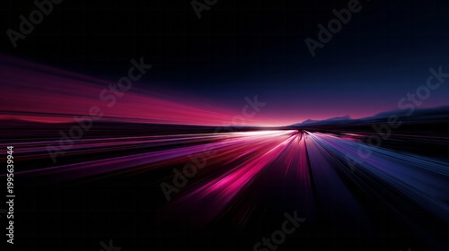 Streaks of pink and blue light converge on a dark horizon.