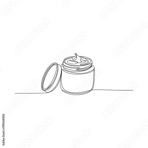 Minimalist line drawing of an open cosmetic jar with cream inside