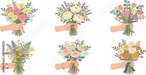 Set of hand drawn illustrations featuring hands holding various colorful flower bouquets for wedding or event cards