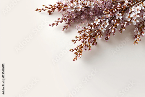 Sprig of delicate white blossoms rests against a soft neutral surface to provide a serene and balanced composition suitable for professional graphic design and elegant commercial layouts.