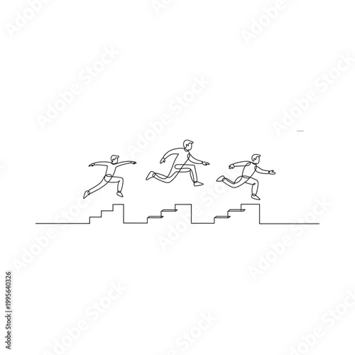 Minimalist line drawing depicting four figures running along a jagged line