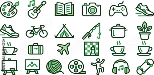 Set of hobby and lifestyle activity icons featuring arts, sports, travel, and leisure for modern web design projects
