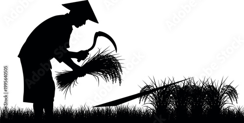 Detailed, black, silhouette, illustration, of, a, farmer, harvesting, rice, with, a, sickle, in, a, field, isolated, on, white, background, design,.