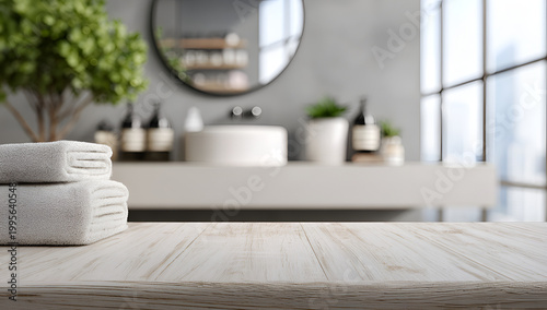 Empty wooden table with blurred modern bathroom background.