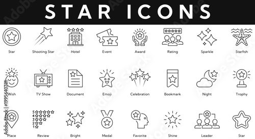 Star icon set contains hotel, event, award, rating, sparkle, wish, TV show, document, emoji, celebration, night, trophy, place, review, bright. Vector illustration outline icons with editable stroke