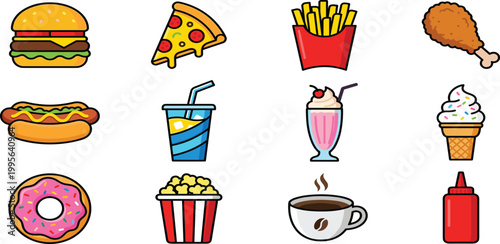 Set of tasty fast food and snack icons including burger pizza fries and desserts for restaurant menu graphic design