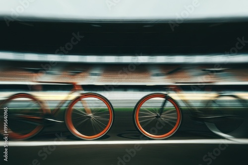 Motion Blur of Cyclists Racing on Track with Stadium Background Urban Cycling Speed Concept