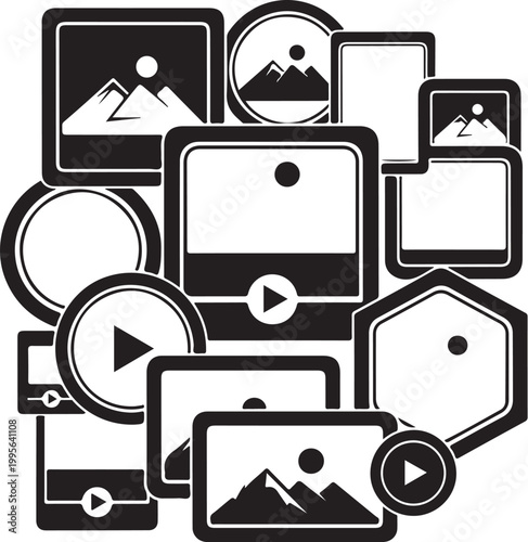 Black and white video icons, play button symbols, media player shapes, screen graphics, vector collection
