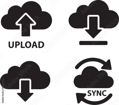 Cloud storage icons, upload, download, sync symbols, black cloud signs, data transfer marks