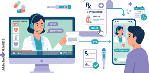 Telemedicine consultation with doctor and patient using mobile app and desktop computer for remote medical prescription services illustration