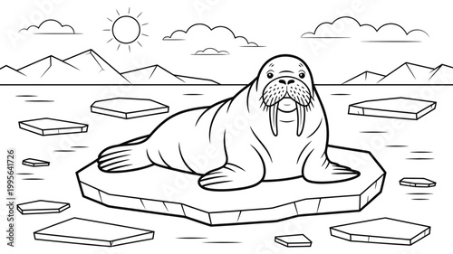 Cartoon walrus resting on ice floe in arctic ocean with mountains and sun pack ice line art wildlife