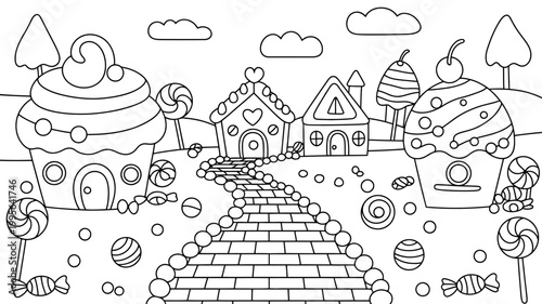 Whimsical candy land village with lollipop trees and cupcake houses line art childhood imagination