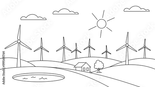 Wind turbine farm and pond ecological scene coloring page with ecological coloring renewable landscape