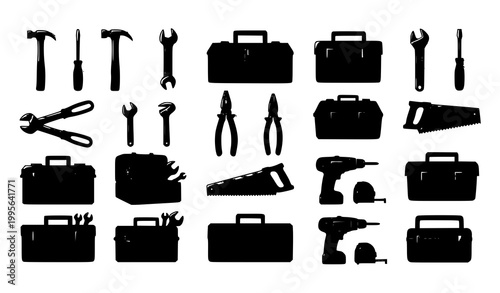Minimal hand tools infographic vector set with toolbox hammer wrench and repair tools grid layout