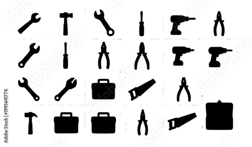 Workshop tools grid icon vector set with toolbox hammer wrench and construction equipment