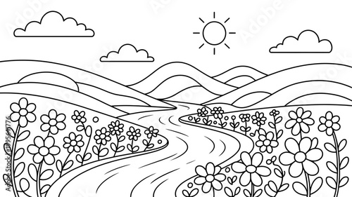 Peaceful rolling hills and river landscape coloring page with landscape coloring outdoors peaceful