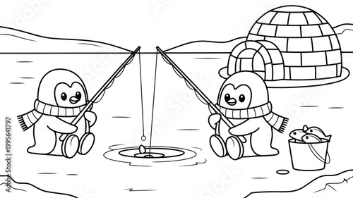 Two cute cartoon penguins ice fishing next to an igloo with a bucket of fish black and white line art