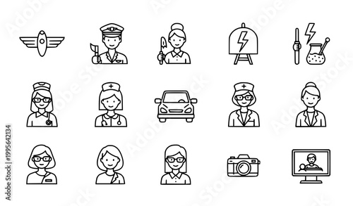 Modern profession and occupation thin line icons collection editable stroke industry symbols isolated on white background