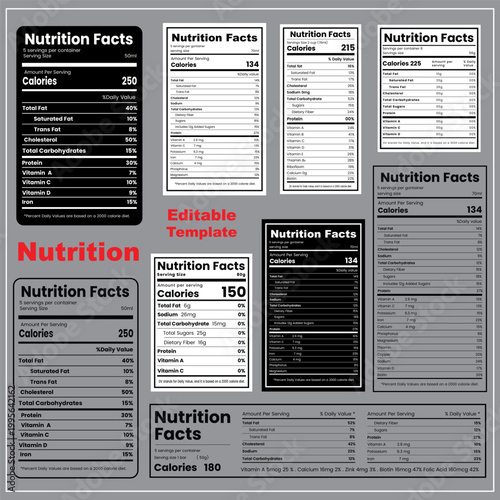 Nutrition facts, Supplement facts, Nutrition facts label,vitamin facts, nutrition fact vector Set, ,nutrition fact list,vitamin information label design vector set for milk box packages.