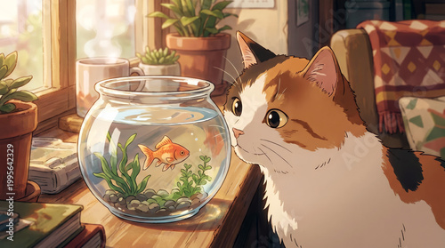 Anime style calico cat looking at a goldfish in a round glass fishbowl on a sunlit wooden table in cozy home
