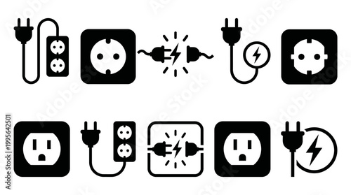 Electrical plugs and sockets icon set power connections safety and energy distribution