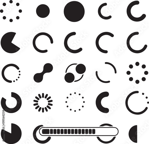 Black and white moon phases, crescent shapes, circle icons, astronomy symbols, vector set