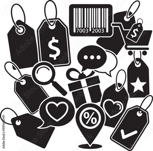 Black and white, ecommerce, shopping, tag, icon set, 13 labels, price, discount, symbol collection