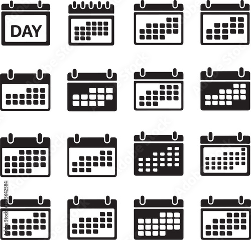 Calendar icons, day planner symbols, date organizer graphics, black and white vector set